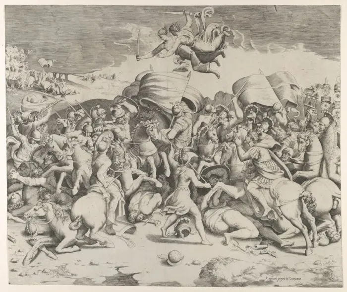 Framed Print : Constantine defeating the tyrant Maxentius, angels carrying swords fly above, 1544. 1544 Framed Print : Constantine defeating the tyrant Maxentius, angels carrying swords fly above, 1544. 1544