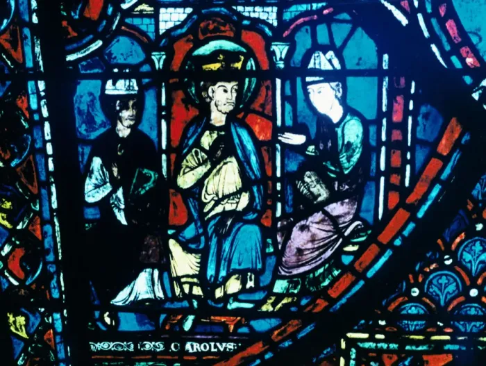 Framed Print : Constantines letter presented to Charlemagne, stained glass, Chartres Cathedral, France, c1225 Framed Print : Constantines letter presented to Charlemagne, stained glass, Chartres Cathedral, France, c1225