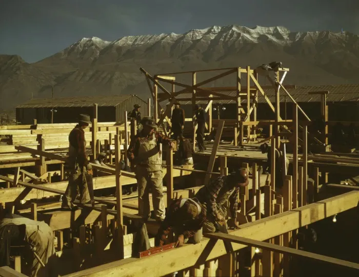 Framed Print : Constructing a building on the site of a new steel mill... Columbia Steel Co. Geneva, Utah, 1942. Creator: Andreas Feininger