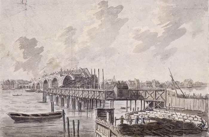 Framed Print : Construction of Blackfriars Bridge, London, c1762. Artist: Francis Grose Framed Print : Construction of Blackfriars Bridge, London, c1762. Artist: Francis Grose