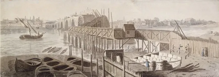 Framed Print : Construction of Blackfriars Bridge, c1762. Artist: Francis Grose Framed Print : Construction of Blackfriars Bridge, c1762. Artist: Francis Grose