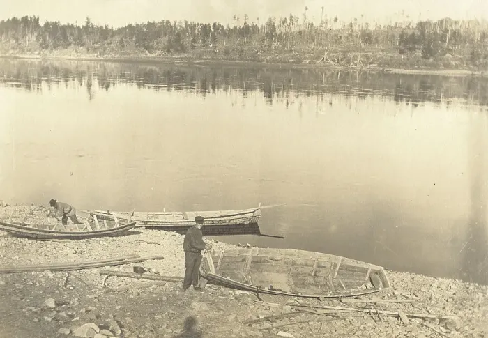 Framed Print : Construction of boats on the banks of the Inorogda River, 1909. Creator: Vladimir Ivanovich Fedorov Framed Print : Construction of boats on the banks of the Inorogda River, 1909. Creator: Vladimir Ivanovich Fedorov