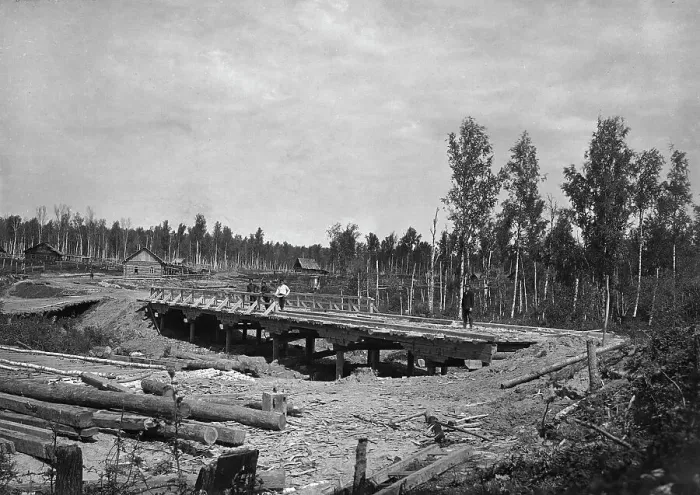 Framed Print : Construction of a Bridge 18 Sazhens Long Across the Khilok River on the Povarenskaia Road, 1909. Creator: Dorozhno-Stroitel'nyi Otdel Framed Print : Construction of a Bridge 18 Sazhens Long Across the Khilok River on the Povarenskaia Road, 1909. Creator: Dorozhno-Stroitel'nyi Otdel