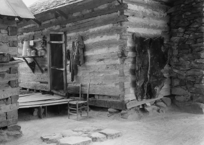 Framed Print : Construction detail of double log cabin of Negro share tenants, Person County, North Carolina, 1939. Creator: Dorothea Lange Framed Print : Construction detail of double log cabin of Negro share tenants, Person County, North Carolina, 1939. Creator: Dorothea Lange