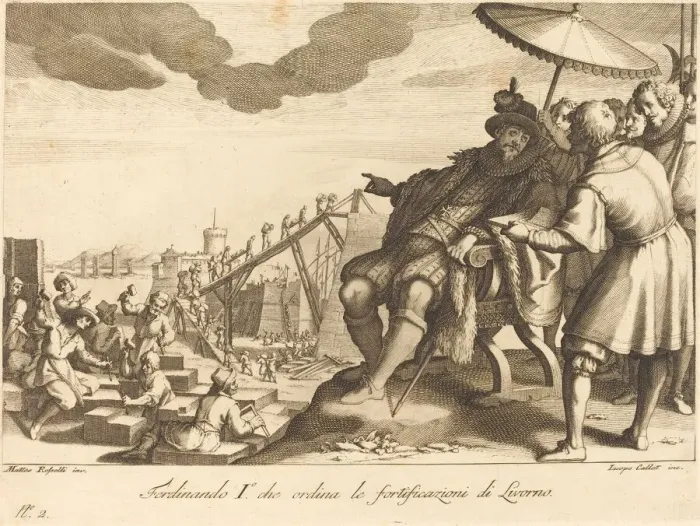 Framed Print : Construction and Fortification of the Port of Livorno, c. 1614. Creator: Jacques Callot Framed Print : Construction and Fortification of the Port of Livorno, c. 1614. Creator: Jacques Callot