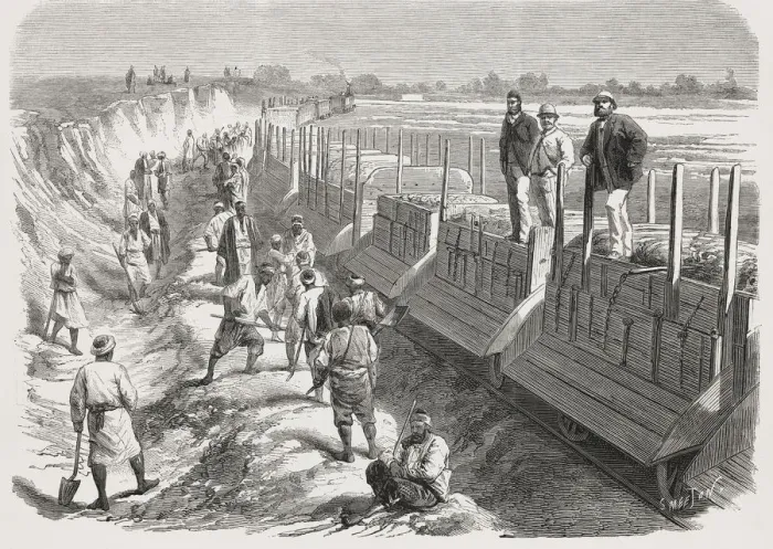 Framed Print : Construction of the Ismailieh fresh water canal, train for levelling the margin, Egypt Framed Print : Construction of the Ismailieh fresh water canal, train for levelling the margin, Egypt