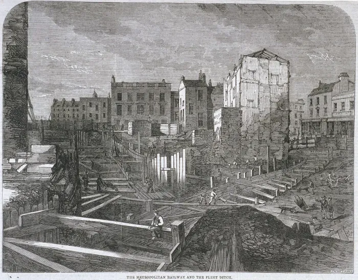 Framed Print : Construction of the Metropolitan Railway and Fleet Ditch, London, 1862 Framed Print : Construction of the Metropolitan Railway and Fleet Ditch, London, 1862
