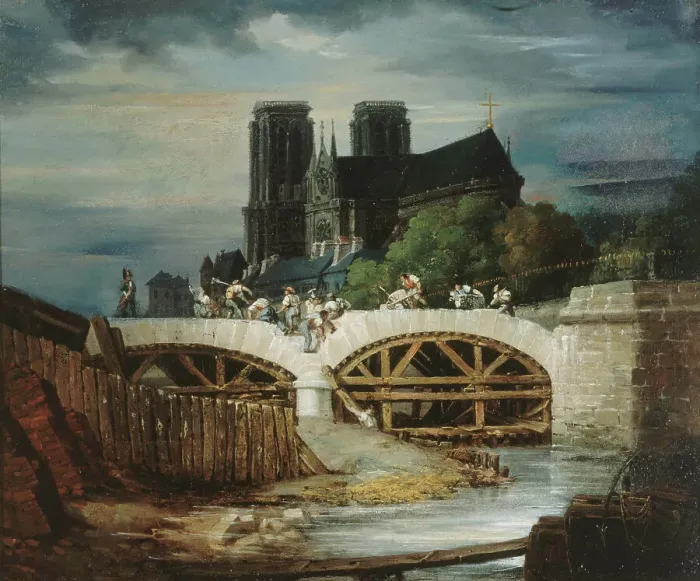 Framed Print : Construction of the Pont de l'Archeveche, around 1828, current 4th arrondissement, c1823-1833. Creator: Unknown