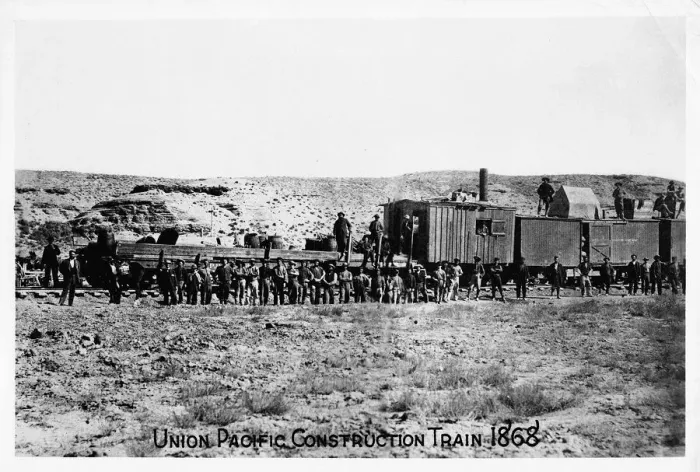 Framed Print : Construction train on the Union Pacific Railroad, USA, 1868 Framed Print : Construction train on the Union Pacific Railroad, USA, 1868