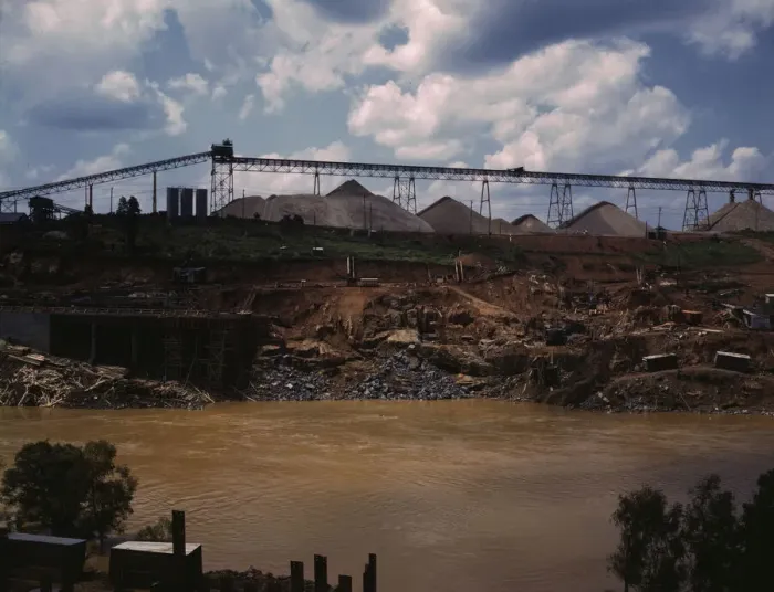 Framed Print : Above the construction work, the aggregate storage pile which... Fort Loudoun Dam, Tenn. 1942. Creator: Alfred T Palmer Framed Print : Above the construction work, the aggregate storage pile which... Fort Loudoun Dam, Tenn. 1942. Creator: Alfred T Palmer