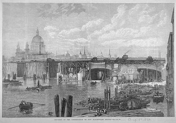 Construction work being carried out on Blackfriars Bridge, London, 1868