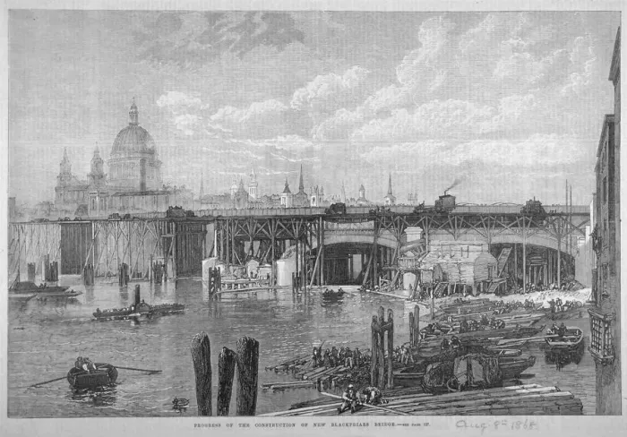 Framed Print : Construction work being carried out on Blackfriars Bridge, London, 1868 Framed Print : Construction work being carried out on Blackfriars Bridge, London, 1868