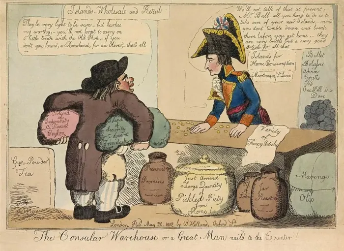 Framed Print : The Consular Warehouse or a Great Man nail d to the Counter, pub. 1802 (hand coloured engraving) Framed Print : The Consular Warehouse or a Great Man nail d to the Counter, pub. 1802 (hand coloured engraving)
