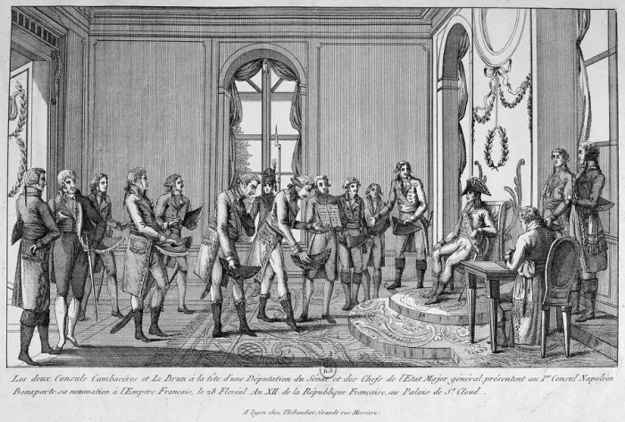 Framed Print : The Two Consuls Cambaceres and Le Brun nominate Napoleon Emperor, 19th century Framed Print : The Two Consuls Cambaceres and Le Brun nominate Napoleon Emperor, 19th century