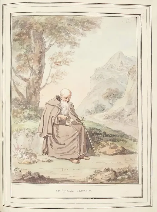 Framed Print : Contented Capucin, leaf from A Collection of Dresses by David Allan Mostly from Nature, 1776 Framed Print : Contented Capucin, leaf from A Collection of Dresses by David Allan Mostly from Nature, 1776