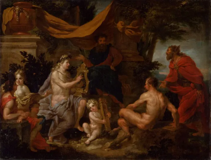 Framed Print : The contest between Apollo and Pan, ca 1690. Creator: Maes, Godfried (1649-1700) Framed Print : The contest between Apollo and Pan, ca 1690. Creator: Maes, Godfried (1649-1700)