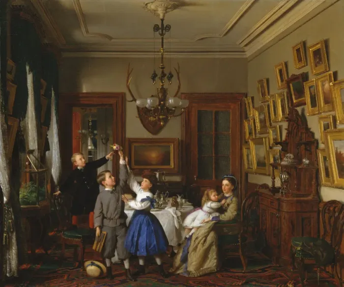 Framed Print : The Contest for the Bouquet: The Family of Robert Gordon in Their New York Dining-Room, 1866 Framed Print : The Contest for the Bouquet: The Family of Robert Gordon in Their New York Dining-Room, 1866