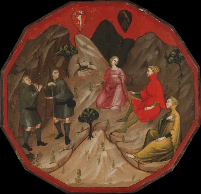 Framed Print : A Contest between the Shepherds Alcesto and Acaten, ca. 1410. Creator: Master of 1416 (Italian Framed Print : A Contest between the Shepherds Alcesto and Acaten, ca. 1410. Creator: Master of 1416 (Italian