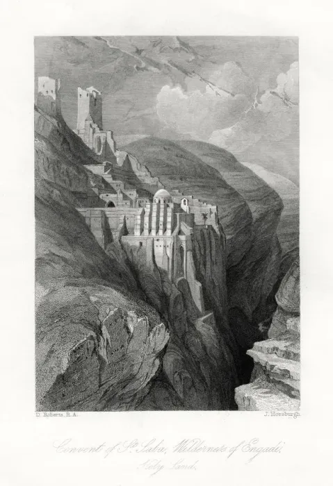 Framed Print : The Convent of St Saba, Wilderness of Engadi, Holy Land, 19th century. Artist: J Horsburgh Framed Print : The Convent of St Saba, Wilderness of Engadi, Holy Land, 19th century. Artist: J Horsburgh