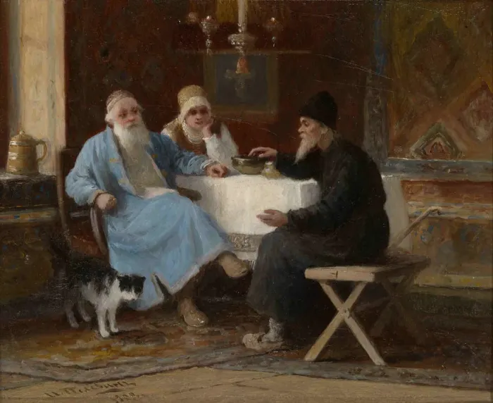 Framed Print : Conversation, 1909. Artist: Pelevin, Ivan Andreyevich (1840-1917) Framed Print : Conversation, 1909. Artist: Pelevin, Ivan Andreyevich (1840-1917)