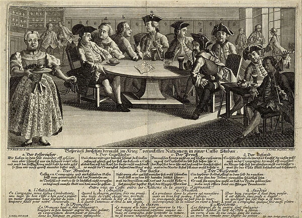 Conversation between 7 nations involved in the war in a cafe, 1757. Artist: Rugendas