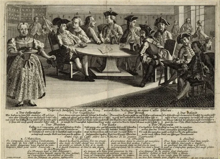 Framed Print : Conversation between 7 nations involved in the war in a cafe, 1757. Artist: Rugendas