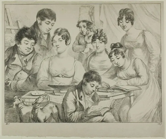 Framed Print : Conversation, a Family Drawing and Reading, the Nurse Holding an Infant, a Portrait of Pri... 1817. Creator: Vivant Denon Framed Print : Conversation, a Family Drawing and Reading, the Nurse Holding an Infant, a Portrait of Pri... 1817. Creator: Vivant Denon