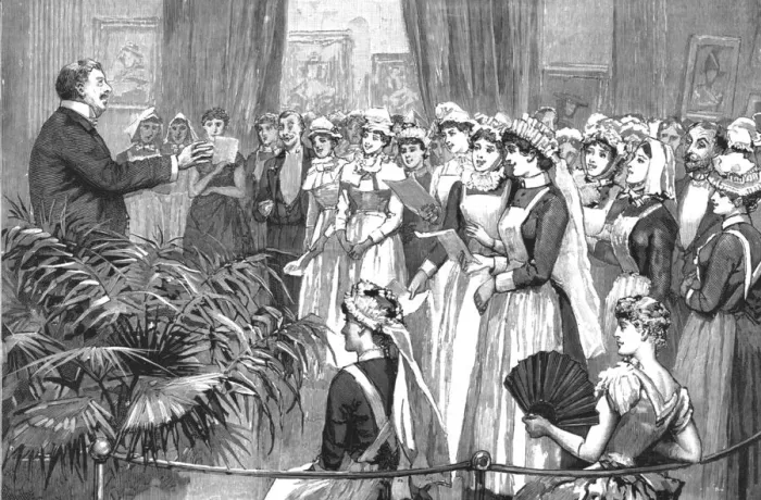 Framed Print : Conversazione of the British Nurses Association at the Grosvenor Gallery, Bond Street; Mr. Corney Creator: Unknown Framed Print : Conversazione of the British Nurses Association at the Grosvenor Gallery, Bond Street; Mr. Corney Creator: Unknown