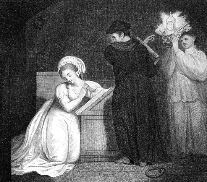Framed Print : To Convert Lady Grey to the Roman Faith, before Her Execution, 1798. Artist: J Ogborne Framed Print : To Convert Lady Grey to the Roman Faith, before Her Execution, 1798. Artist: J Ogborne