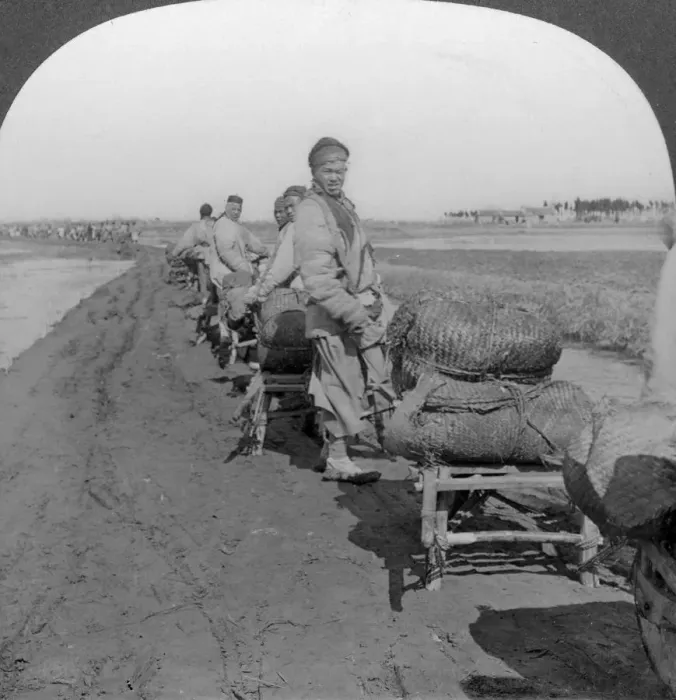 Framed Print : Conveying salt to the interior by wheelbarrow train, China, 1907. Artist: Keystone View Company Framed Print : Conveying salt to the interior by wheelbarrow train, China, 1907. Artist: Keystone View Company