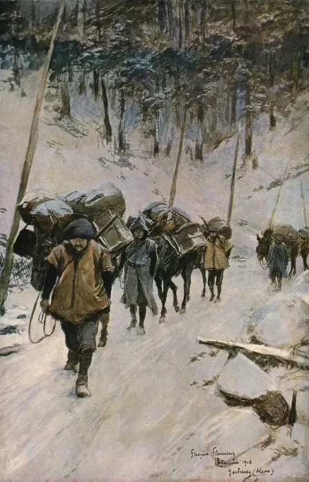 Framed Print : Convoyeurs dans la foret, 1916. Creator: Francois Flameng Framed Print : Convoyeurs dans la foret, 1916. Creator: Francois Flameng