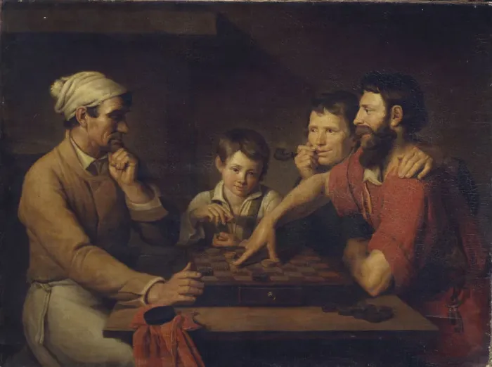 Framed Print : A Cook Playing Draughts with a Caretaker, 1824. Artist: Gryaznov, Vasily Ivanovich (1805-after 1862) Framed Print : A Cook Playing Draughts with a Caretaker, 1824. Artist: Gryaznov, Vasily Ivanovich (1805-after 1862)