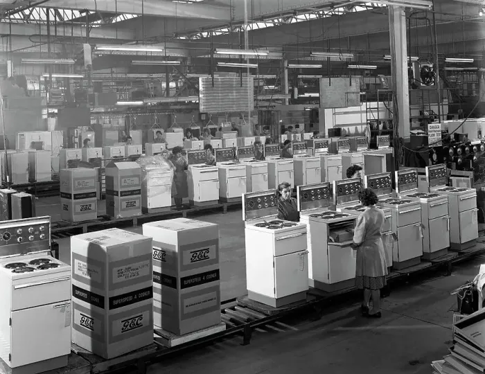 Framed Print : The cooker assembly line at the GEC factory, Swinton, South Yorkshire, 1963. Artist Framed Print : The cooker assembly line at the GEC factory, Swinton, South Yorkshire, 1963. Artist