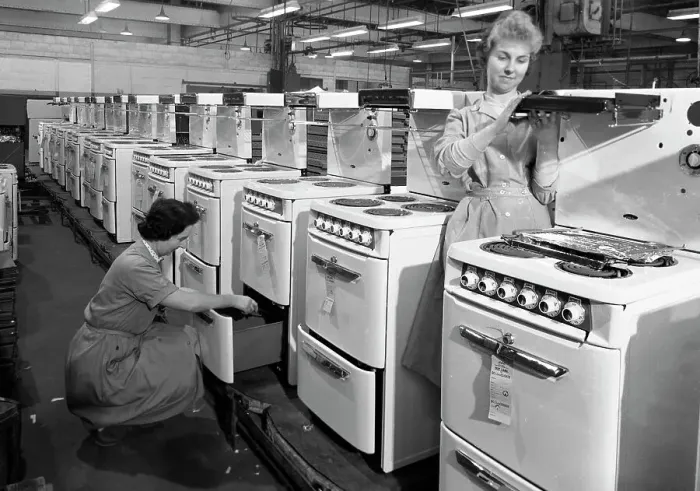 Framed Print : Cooker production line at the GEC factory, Swinton, South Yorkshire, 1960. Artist Framed Print : Cooker production line at the GEC factory, Swinton, South Yorkshire, 1960. Artist