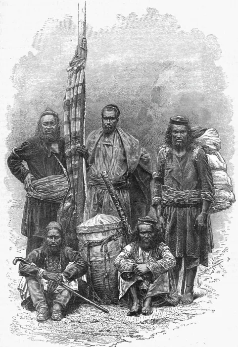 Framed Print : Our Coolie Porters; Black Bear Shooting in the Himalayas, 1875. Creator: Unknown Framed Print : Our Coolie Porters; Black Bear Shooting in the Himalayas, 1875. Creator: Unknown