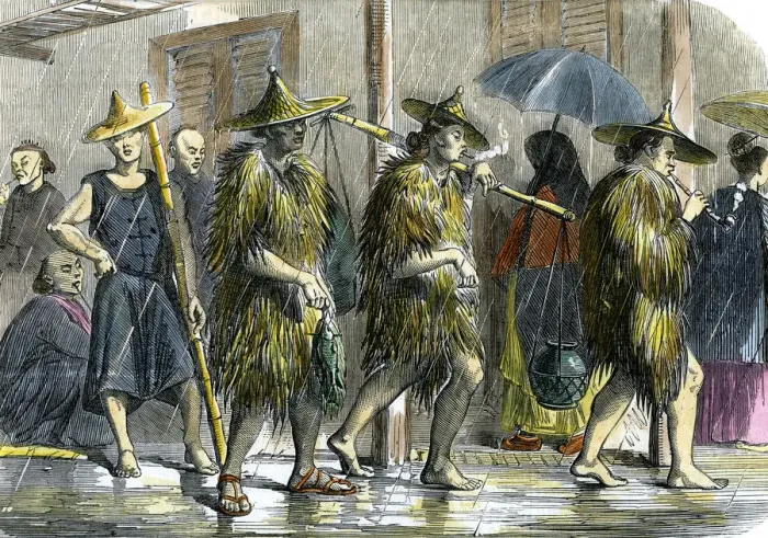 Framed Print : Coolies at Hong Kong, in wet weather, c1875 Framed Print : Coolies at Hong Kong, in wet weather, c1875