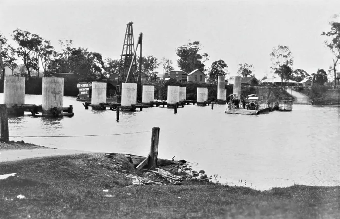 Framed Print : Coomera River Ferry and construction of the road bridge, 1929. Creator: Jack Bain Framed Print : Coomera River Ferry and construction of the road bridge, 1929. Creator: Jack Bain