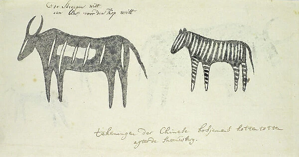 Copies after San rock-paintings of two animals, 1777. Creator: Robert Jacob Gordon