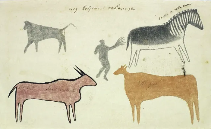 Framed Print : Copies of San rock paintings depicting creatures, 1777. Creator: Robert Jacob Gordon Framed Print : Copies of San rock paintings depicting creatures, 1777. Creator: Robert Jacob Gordon