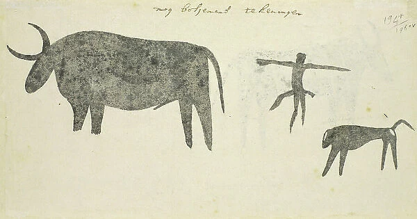 Copies after San rock-paintings of an ox, a baboon, and a man, 1777. Creator: Robert Jacob Gordon
