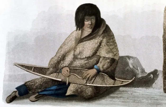 Framed Print : Copper Indian girl mending snow shoe, 1823. Artist: John Franklin Framed Print : Copper Indian girl mending snow shoe, 1823. Artist: John Franklin