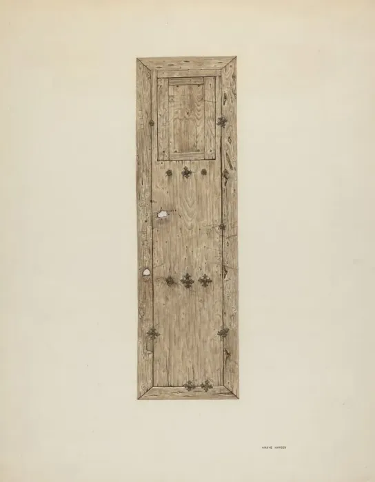 Framed Print : Copper-studded Door (One of a Pair), c. 1939. Creator: Mary Hansen Framed Print : Copper-studded Door (One of a Pair), c. 1939. Creator: Mary Hansen