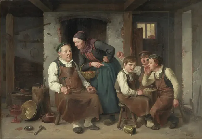 Framed Print : In a coppersmith's workshop, 1859. Creator: Christian Andreas Schleisner