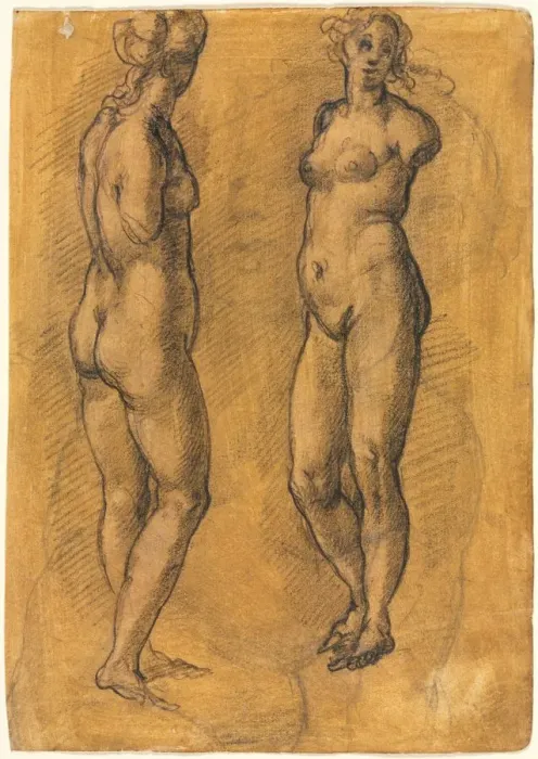 Framed Print : Copy of an Antique Statue of a Standing Woman (two views), over a Sketch of a Putto, 1570s Framed Print : Copy of an Antique Statue of a Standing Woman (two views), over a Sketch of a Putto, 1570s