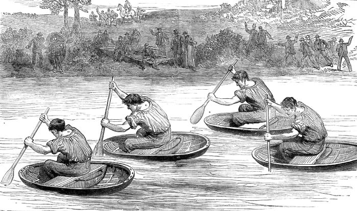 Framed Print : A coracle-race on the Severn, at Ironbridge, Shropshire, 1881. Creator: Unknown Framed Print : A coracle-race on the Severn, at Ironbridge, Shropshire, 1881. Creator: Unknown
