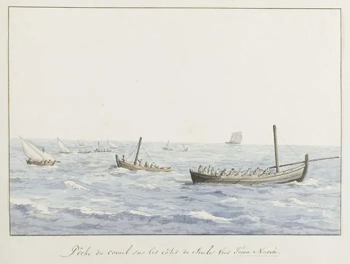 Framed Print : Coral fishermen off the coast of Sicily at Terranova, 1778. Creator: Louis Ducros Framed Print : Coral fishermen off the coast of Sicily at Terranova, 1778. Creator: Louis Ducros