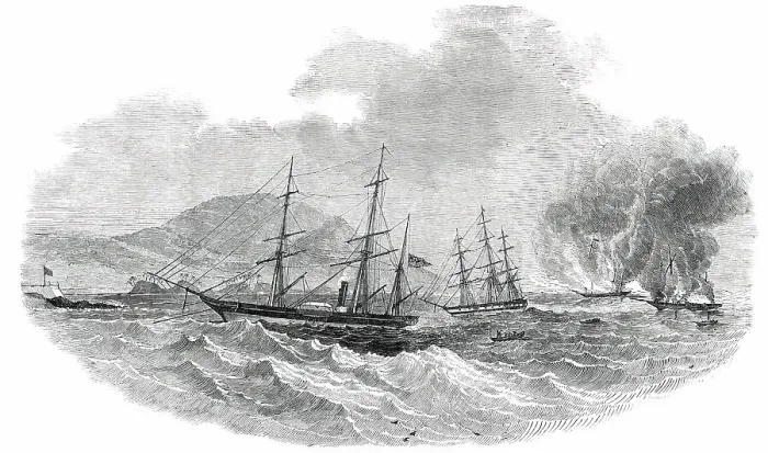 Framed Print : The Cormorant at Anchor, Destroying the Slave-Brigs Serea and Donna Anna, 1850. Creator: Unknown. The Cormorant at Anchor, Destroying the Slave-Brigs Serea and Donna Anna, 1850. Creator: Unknown