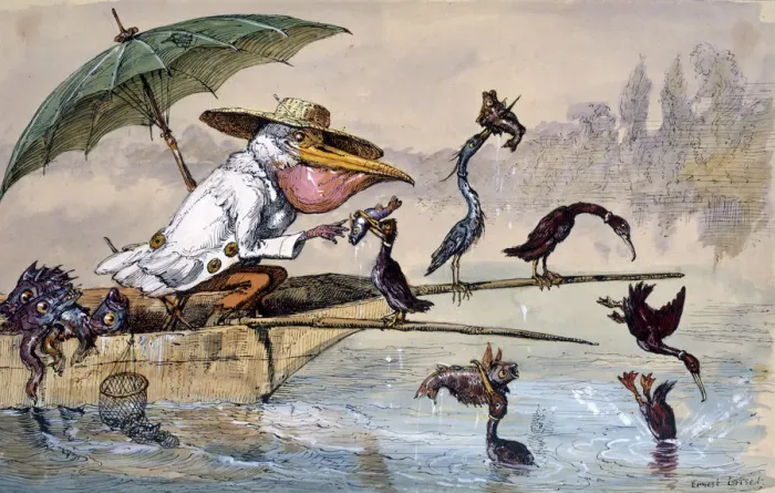 Framed Print : Cormorants presenting fish to a pelican in a punt under an umbrella, c1864-1907. Artist Framed Print : Cormorants presenting fish to a pelican in a punt under an umbrella, c1864-1907. Artist