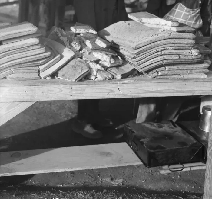Framed Print : Cornbread, Food for flood refugees at the Forrest City concentration camp, Arkansas, 1937. Creator: Walker Evans Framed Print : Cornbread, Food for flood refugees at the Forrest City concentration camp, Arkansas, 1937. Creator: Walker Evans