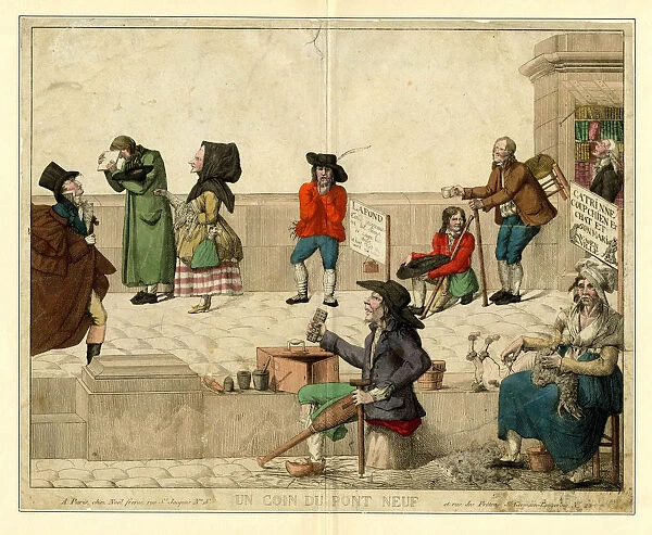 A corner of Pont Neuf, Paris, with lame beggars and street vendors, ca 1813. Creator: Anonymous